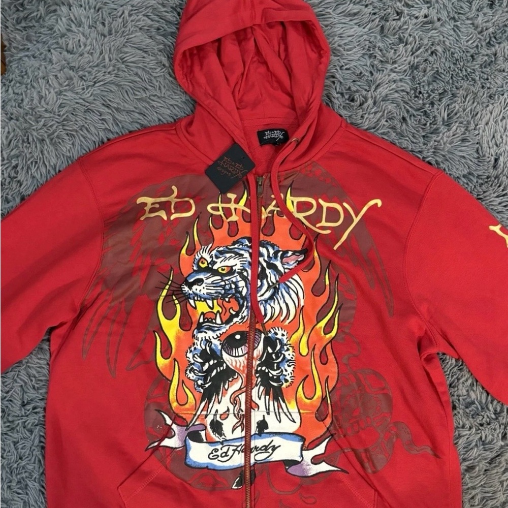 Ed Hardy Men's Full-Zip Hoodie - White Tiger Flames - Size: XL